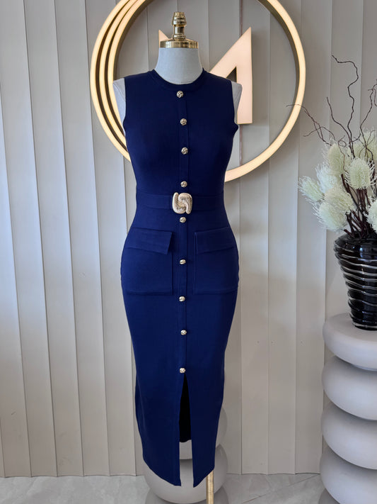 שמלת מידי בד סריג עם חגורה