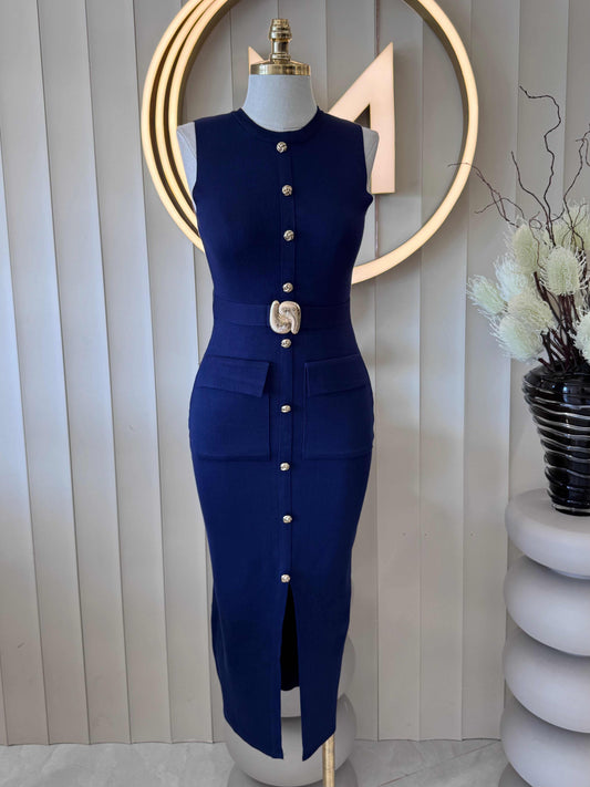 שמלת מידי בד סריג עם חגורה במידה M/L