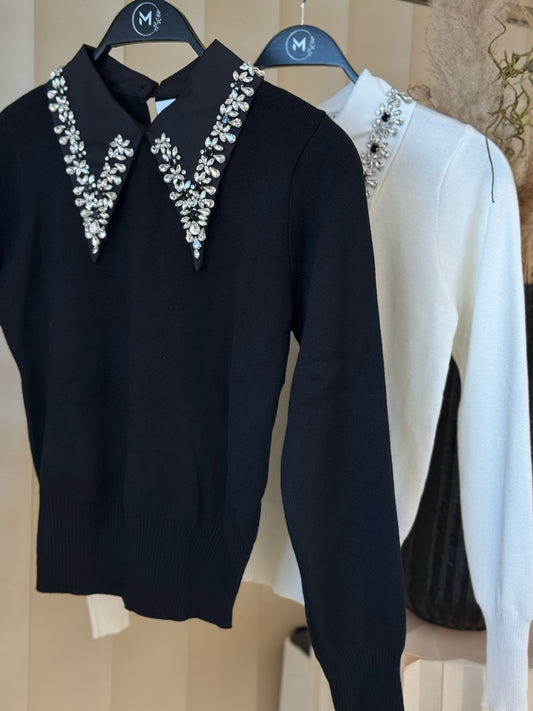 חולצה בד סריג בשילוב זרקון על צוואר