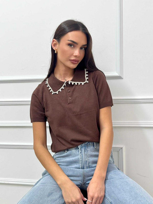 חולצה בד סריג בשילוב זרקון על צוואר מתאימה עד מידה L