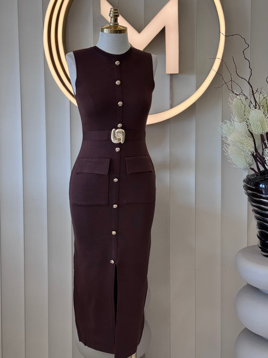 שמלת מידי בד סריג עם חגורה