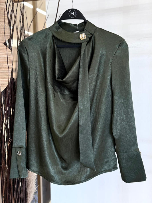 חולצת סטן שילוב כפתורים זהב