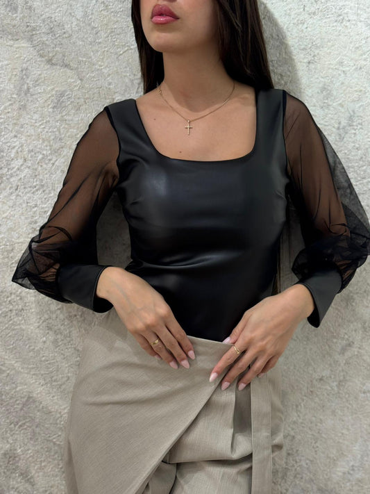 בגד גוף עור שילוב שיפון