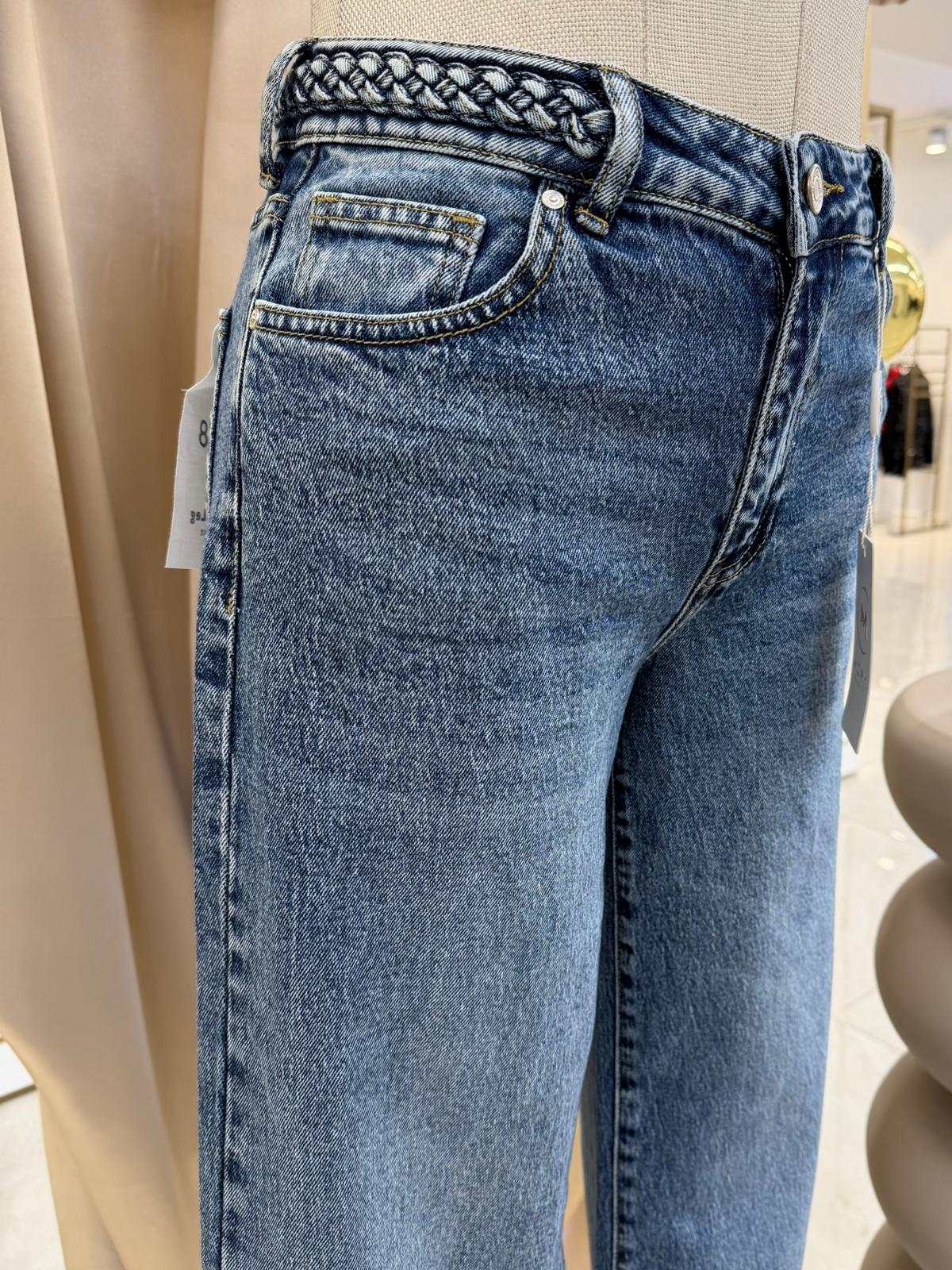 Women’s blue wide-leg denim jeans with braided waistband detail