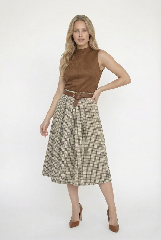 חצאית מידי משובצת בגוון חום