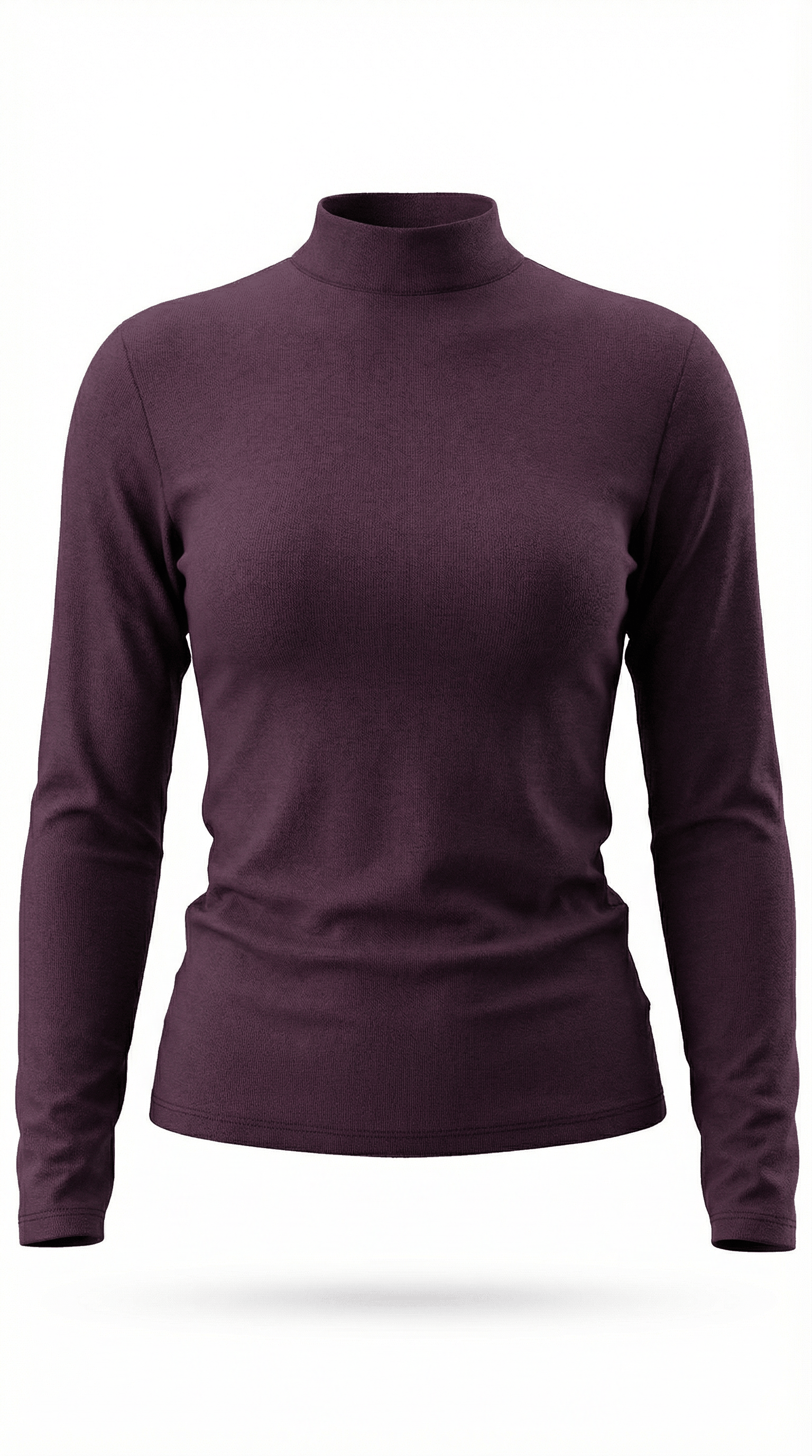 Women’s burgundy long-sleeve mock neck fitted top with minimalist silhouette