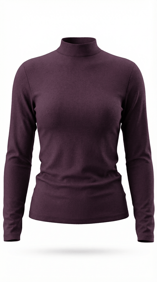Women’s burgundy long-sleeve mock neck fitted top with minimalist silhouette