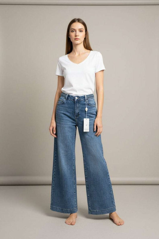 Women wearing blue wide-leg denim jeans with braided waist detail