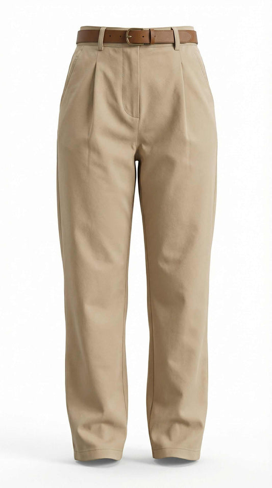 women’s beige tailored straight-leg trousers with high waist and belt detail