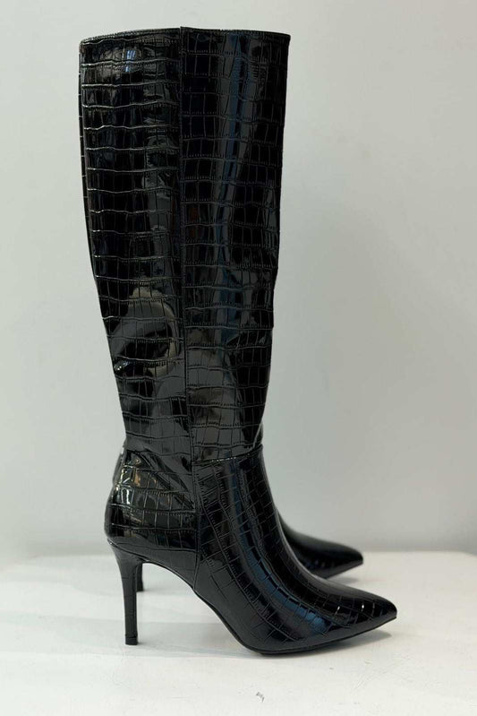 Black croc-effect knee-high heeled boots for women with pointed toe and slim high heel