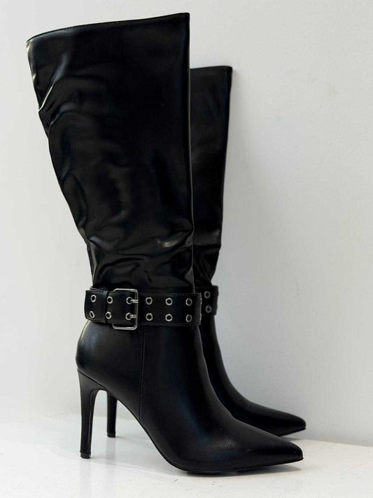 Classic leather women's knee-high heeled boot with silver buckle detail and pointed toe