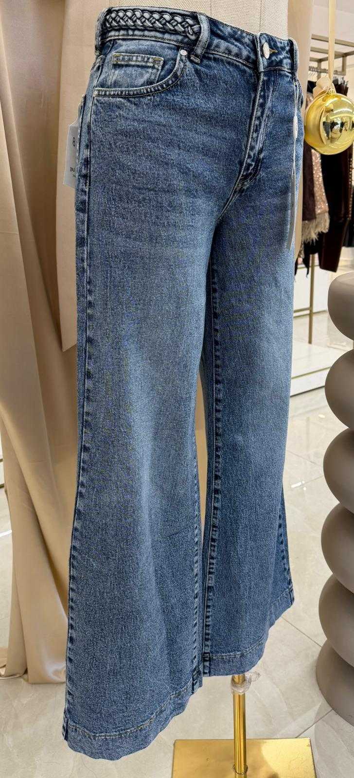 Women’s blue wide-leg denim jeans with braided waistband detail