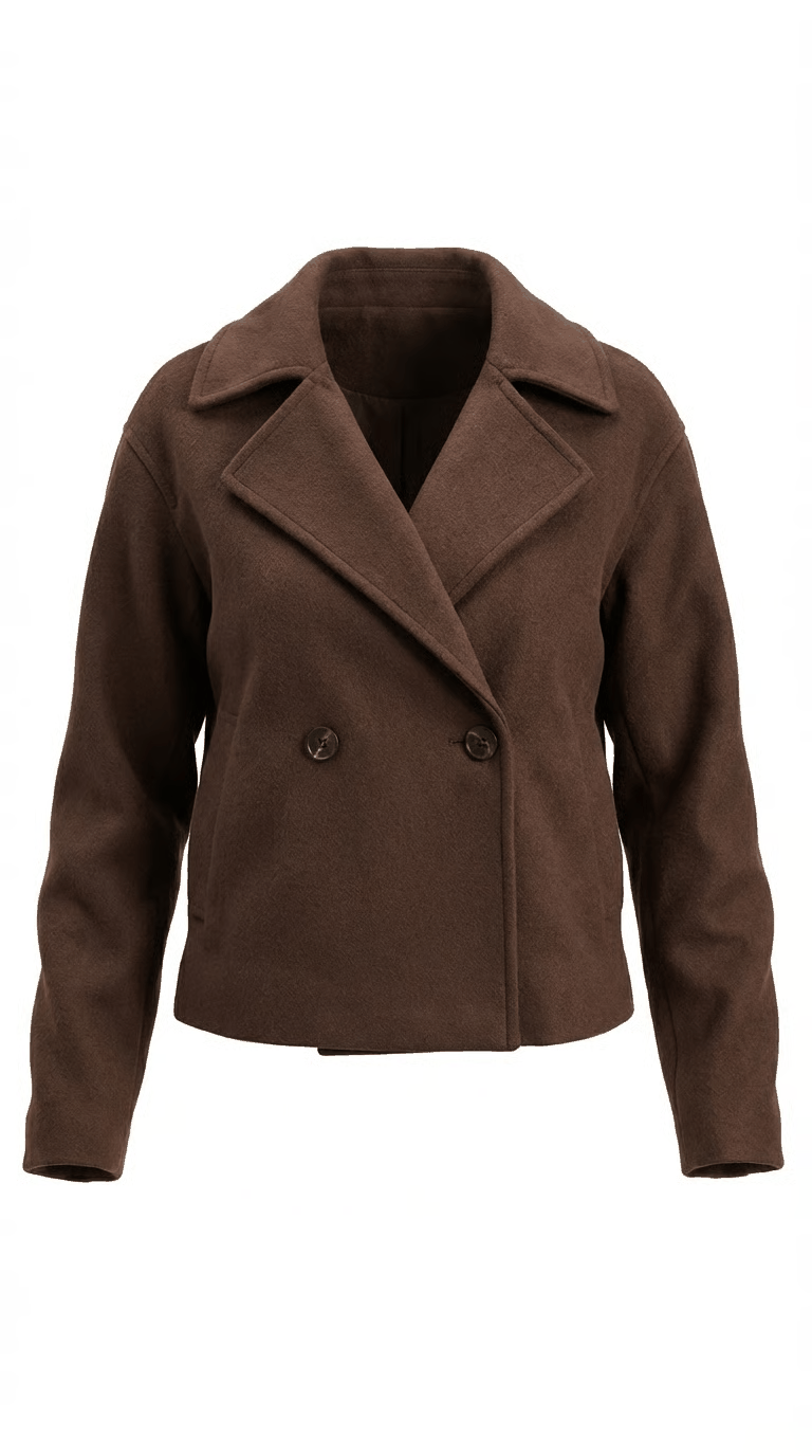 ז'קט קצר חום לנשים עם חזה כפול ודש רחב אלגנטי ומודרני