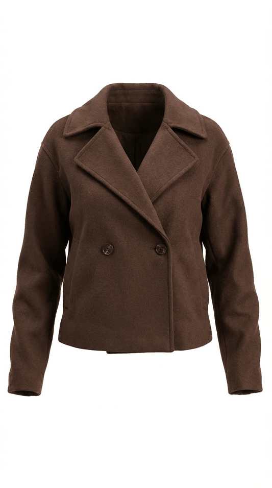 ז'קט קצר חום לנשים עם חזה כפול ודש רחב אלגנטי ומודרני