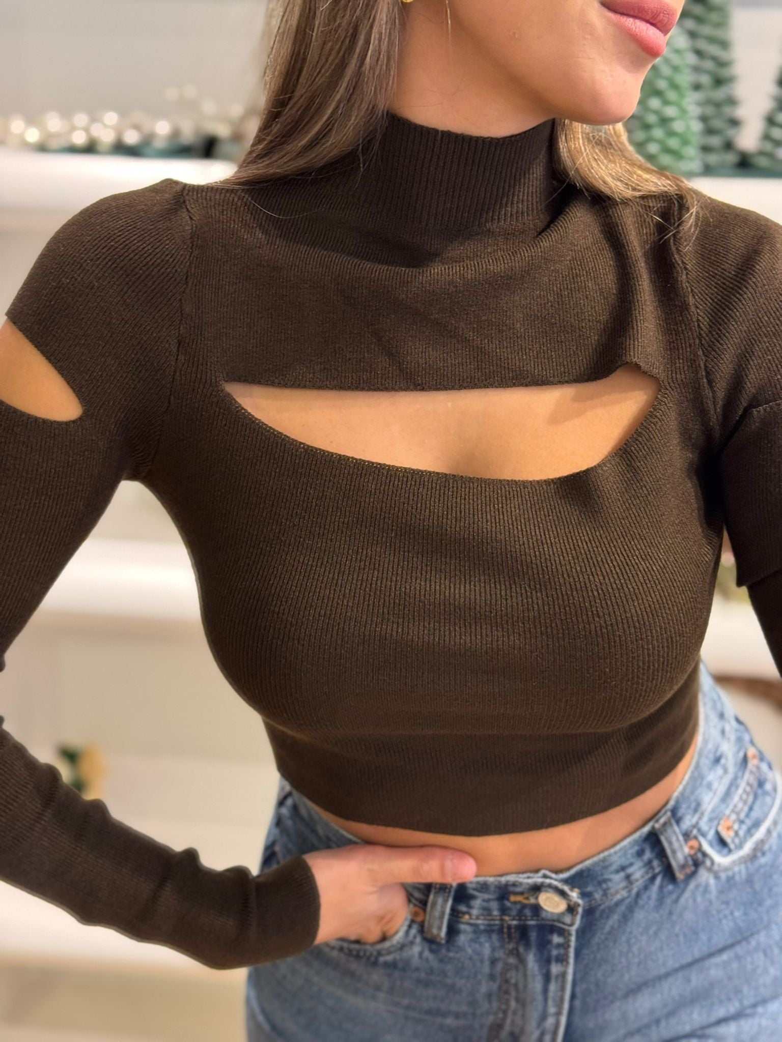Women’s brown ribbed knit crop top with cutout neckline and long sleeves