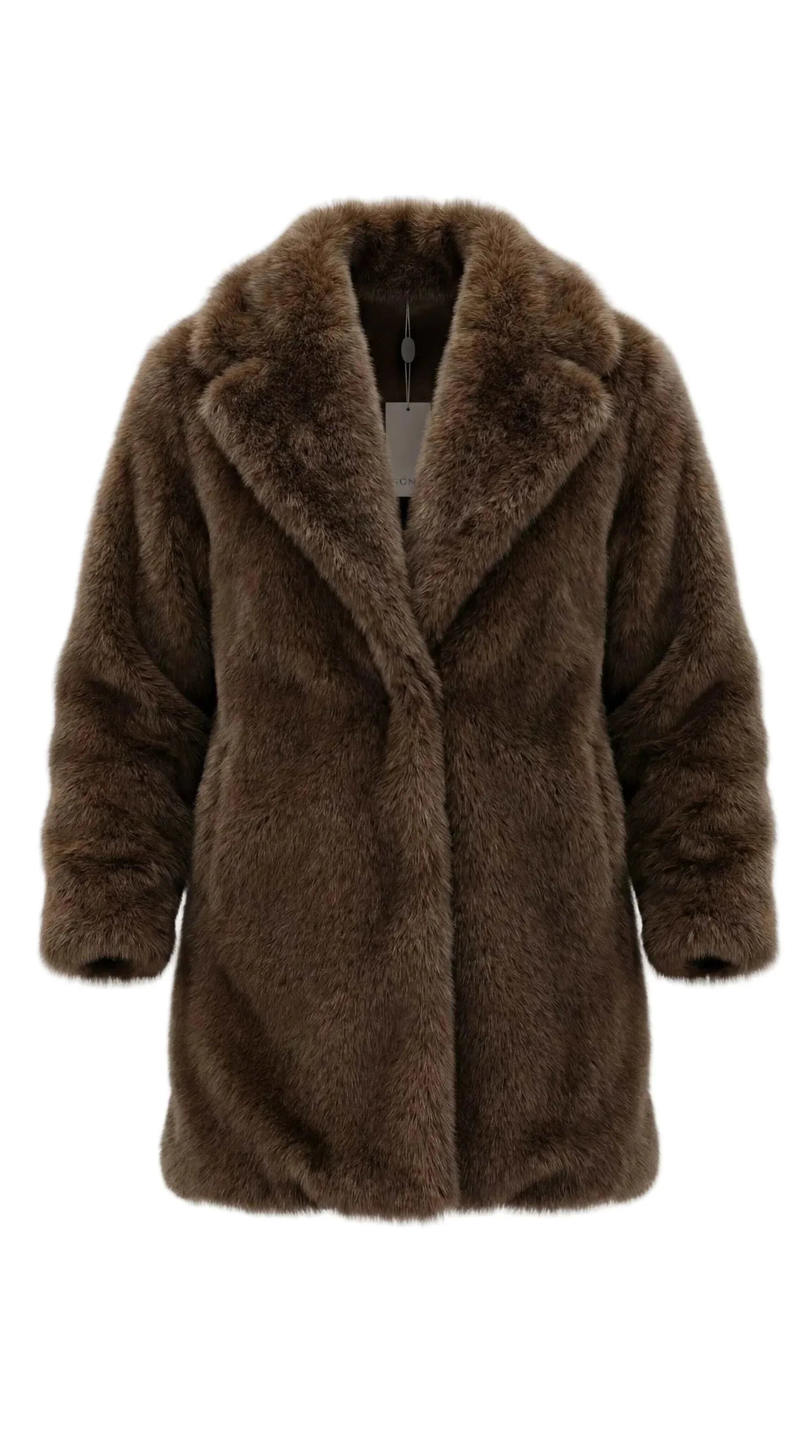 מעיל פרווה דמוי-פרווה חום לנשים באורך בינוני עם דש רחב ועיצוב אלגנטי