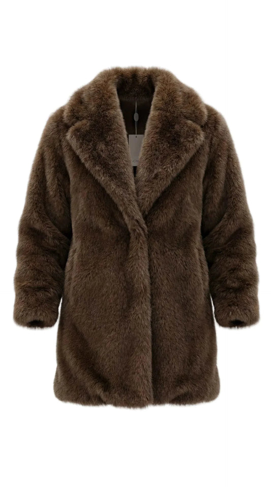 מעיל פרווה דמוי-פרווה חום לנשים באורך בינוני עם דש רחב ועיצוב אלגנטי