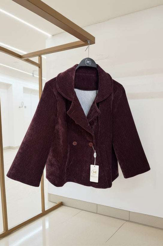 Cream women's double-breasted short jacket with wide collar and cropped length