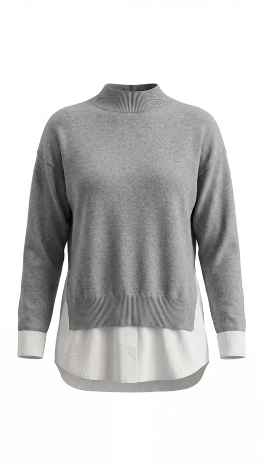 סוודר סריג אפור לנשים עם שולי חולצה לבנים בשכבות למראה מושלם ואלגנטי