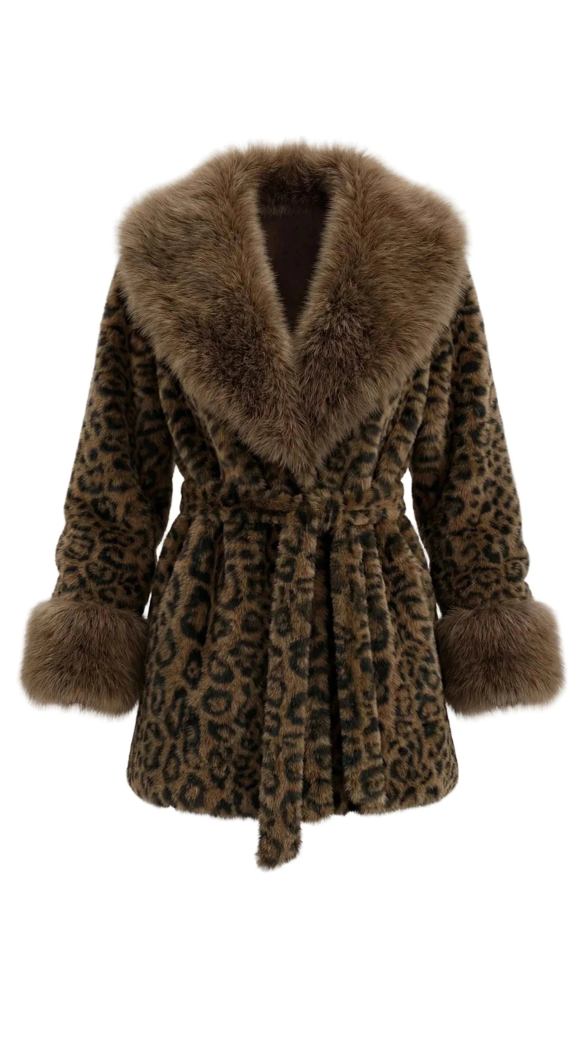 Women’s leopard faux fur coat with wide collar and belted waist in bold leopard print
