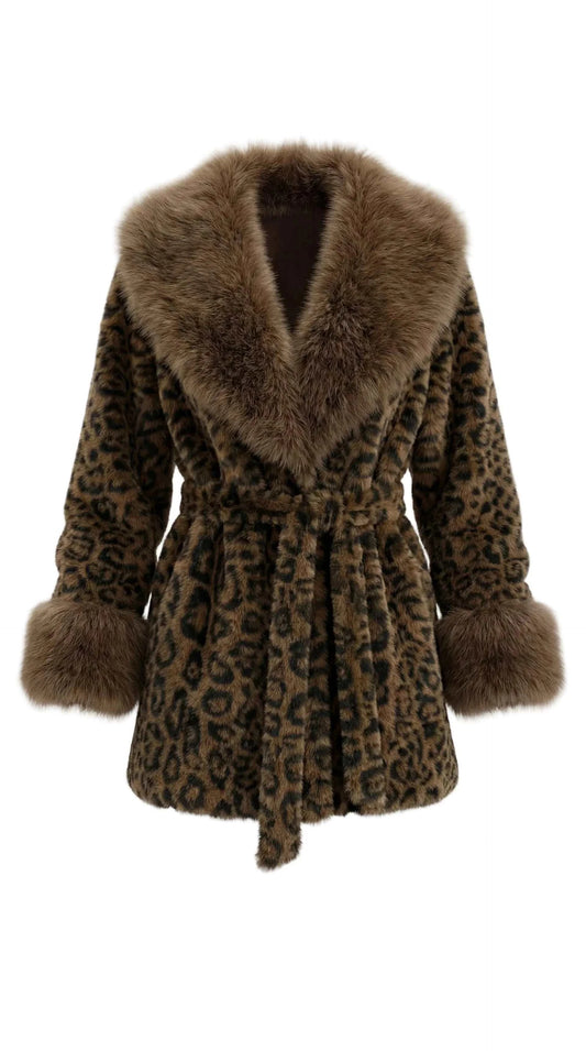 Women’s leopard faux fur coat with wide collar and belted waist in bold leopard print