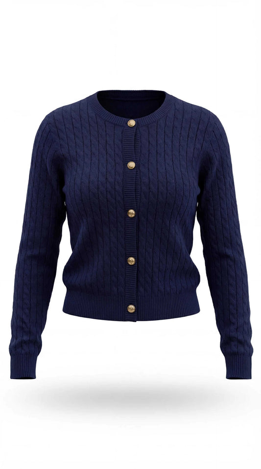 קרדיגן כחול כהה סריג כבלים לנשים עם כפתורים בסגנון אלגנטי וקז'ואל