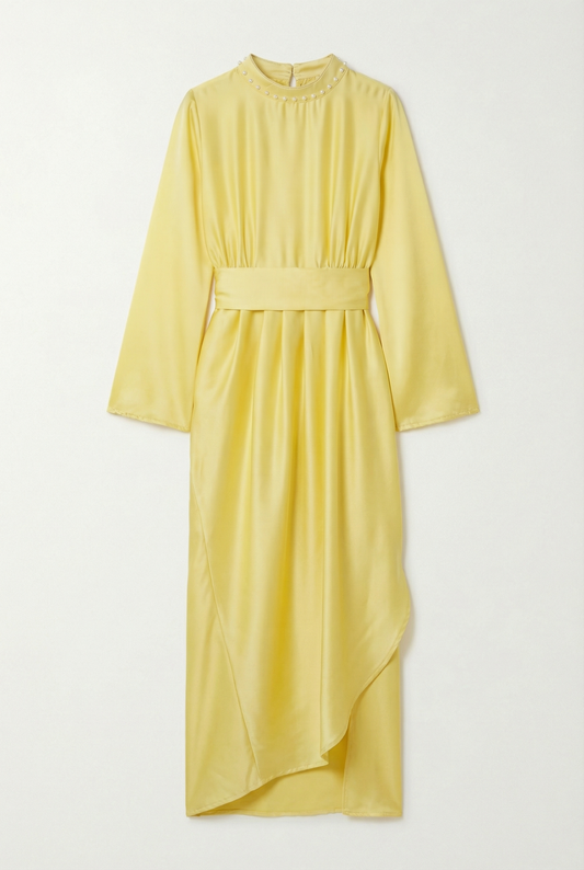 שמלת מידי צהובה אלגנטית עם צווארון פנינים